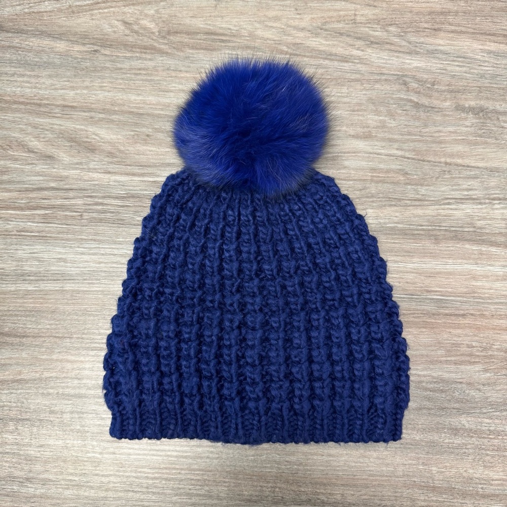 Lord & Taylor Blue Knit Beanie with Pom-Pom